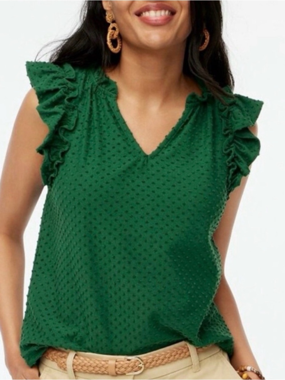 J. Crew Women’s Emerald Green Ruffle Sleeve V-Neck Textured Top Medium
